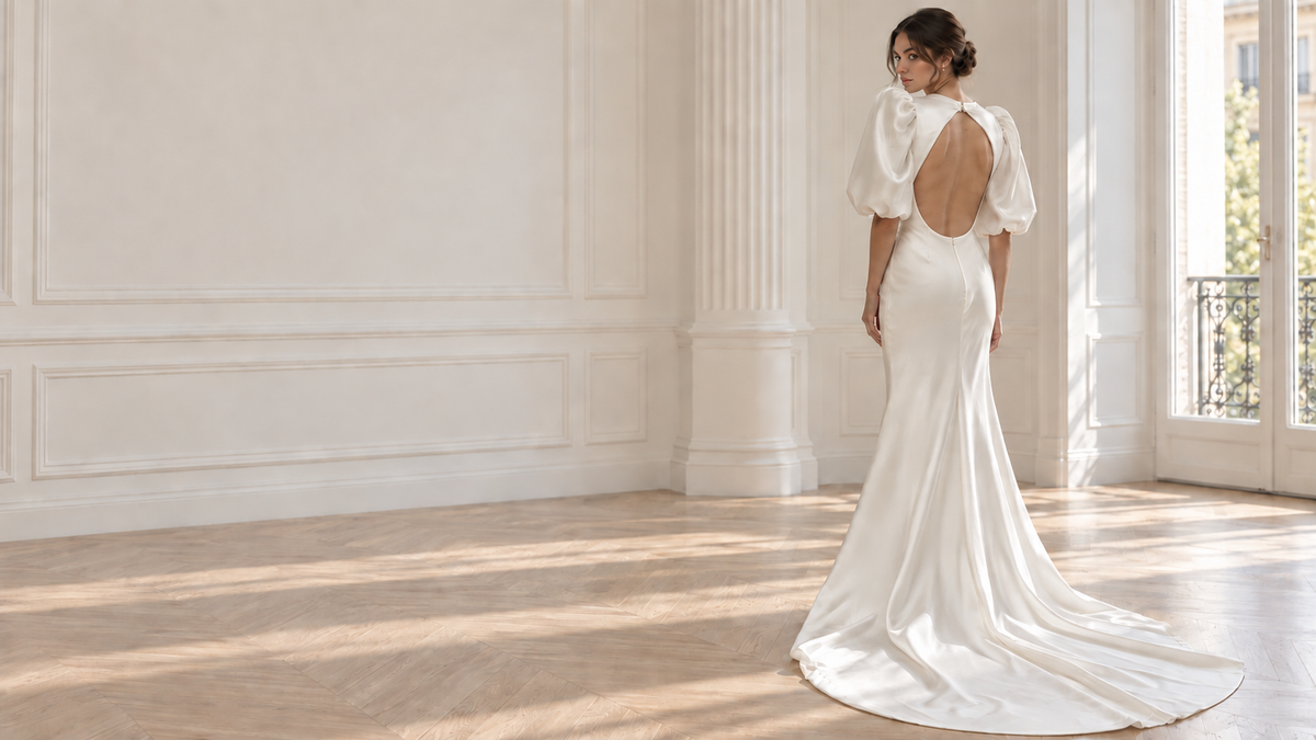 Vestido de novia Heidy Vélez con espalda escotada redondeada, mangas con volumen y cola